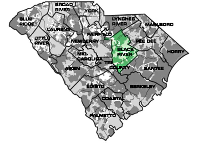 Map of South Carolina with Black River service area highlighted