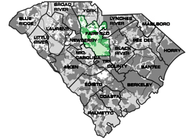Map of South Carolina with Fairfield service area highlighted