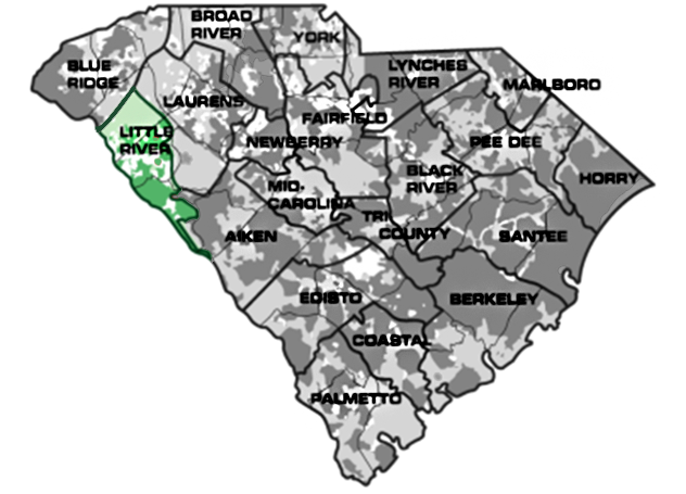 Map of South Carolina with Little River service area highlighted