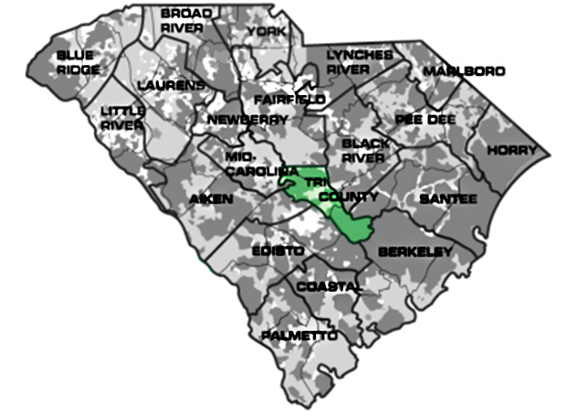 Map of South Carolina with Tri-County service area highlighted